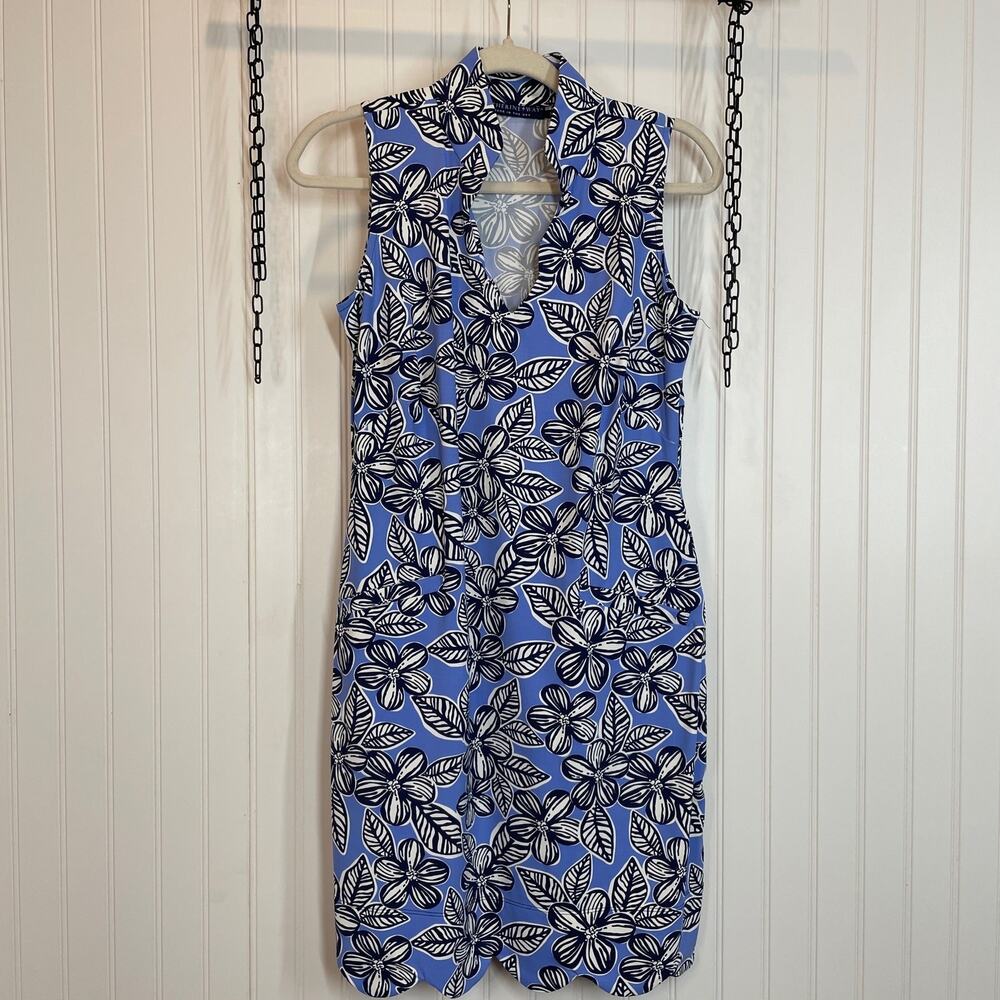 Catherine Way Blue & Black Floral Sheath Dress Sz 2 Scalloped Hem V-Neck